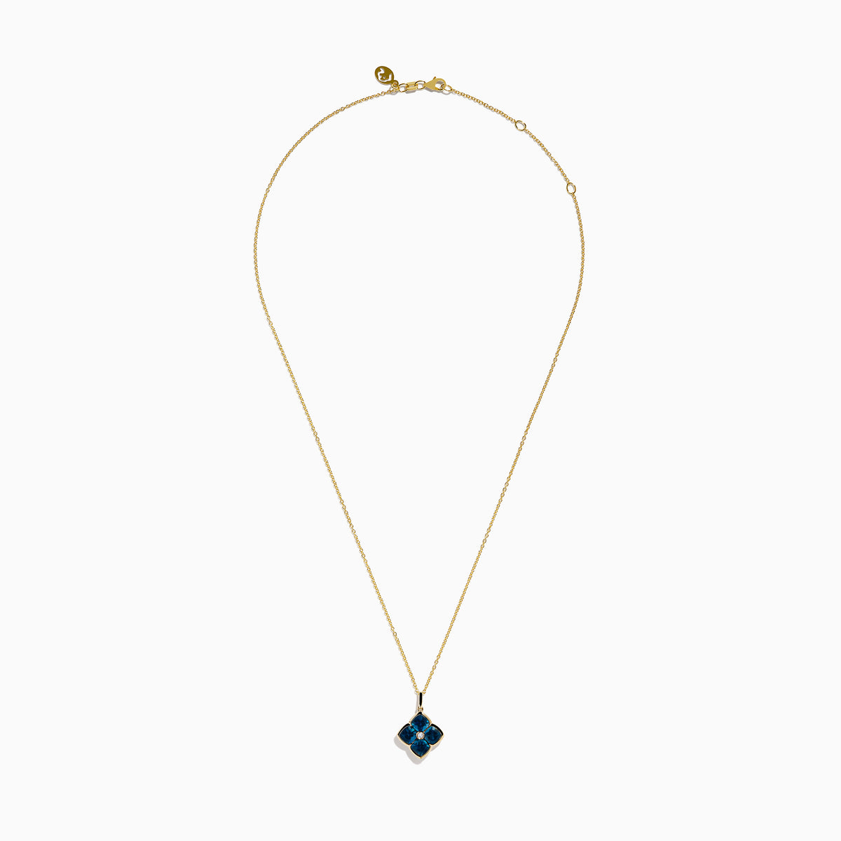 The Ocean Bleu 14K Yellow Gold London Blue Topaz and Diamond Pendant features a clover-shaped design with four London Blue Topaz gemstones and a central diamond on a yellow gold chain necklace.