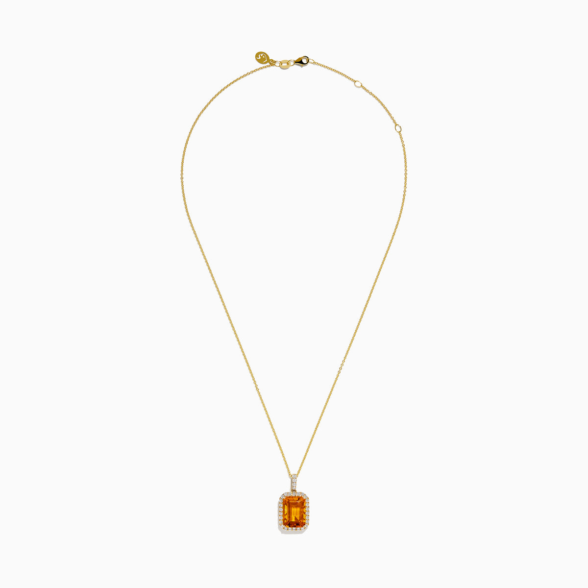 The Sunset 14K Yellow Gold Citrine and Diamond Halo Pendant showcases a rectangular citrine surrounded by sparkling diamonds, set in 14K yellow gold and displayed on a white background.