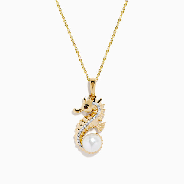 Novelty 14K Yellow Gold Pearl, White and Black Diamond Sea Horse