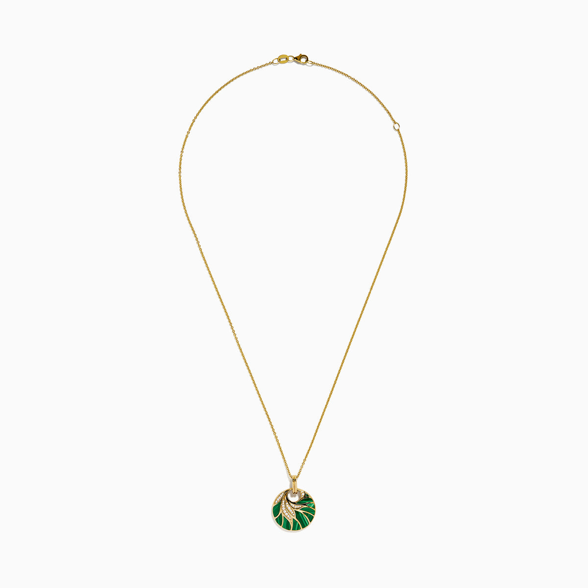 The 14K Yellow Gold Malachite and Diamond Inlay Pendant features a circular malachite centerpiece with gold accents and small diamonds, hanging from a delicate gold chain.