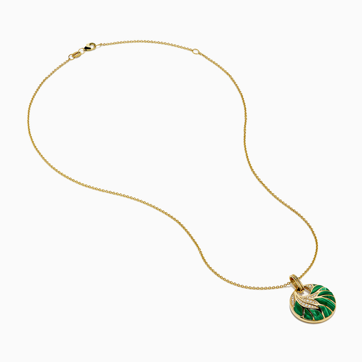 The 14K Yellow Gold Malachite and Diamond Inlay Pendant features a circular malachite centerpiece with gold accents and small diamonds, hanging from a delicate gold chain.