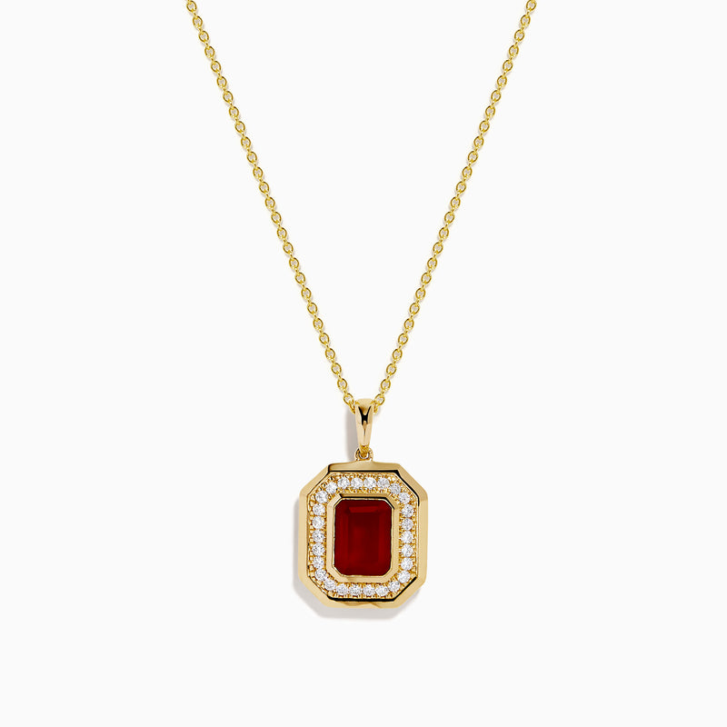 14K Yellow Gold Fire Opal and Diamond Emerald-Cut Halo Pendant