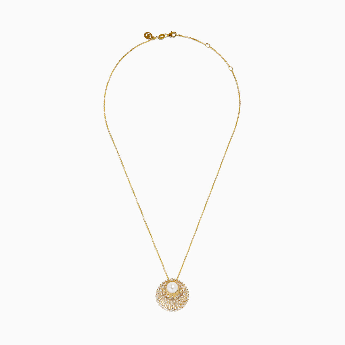 The 14K Yellow Gold Freshwater Pearl and Diamond Sunburst Pendant features a central freshwater pearl accented by diamonds and radiant gold details, all on a fine 14K yellow gold chain.