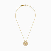 The 14K Yellow Gold Freshwater Pearl and Diamond Sunburst Pendant features a central freshwater pearl accented by diamonds and radiant gold details, all on a fine 14K yellow gold chain.