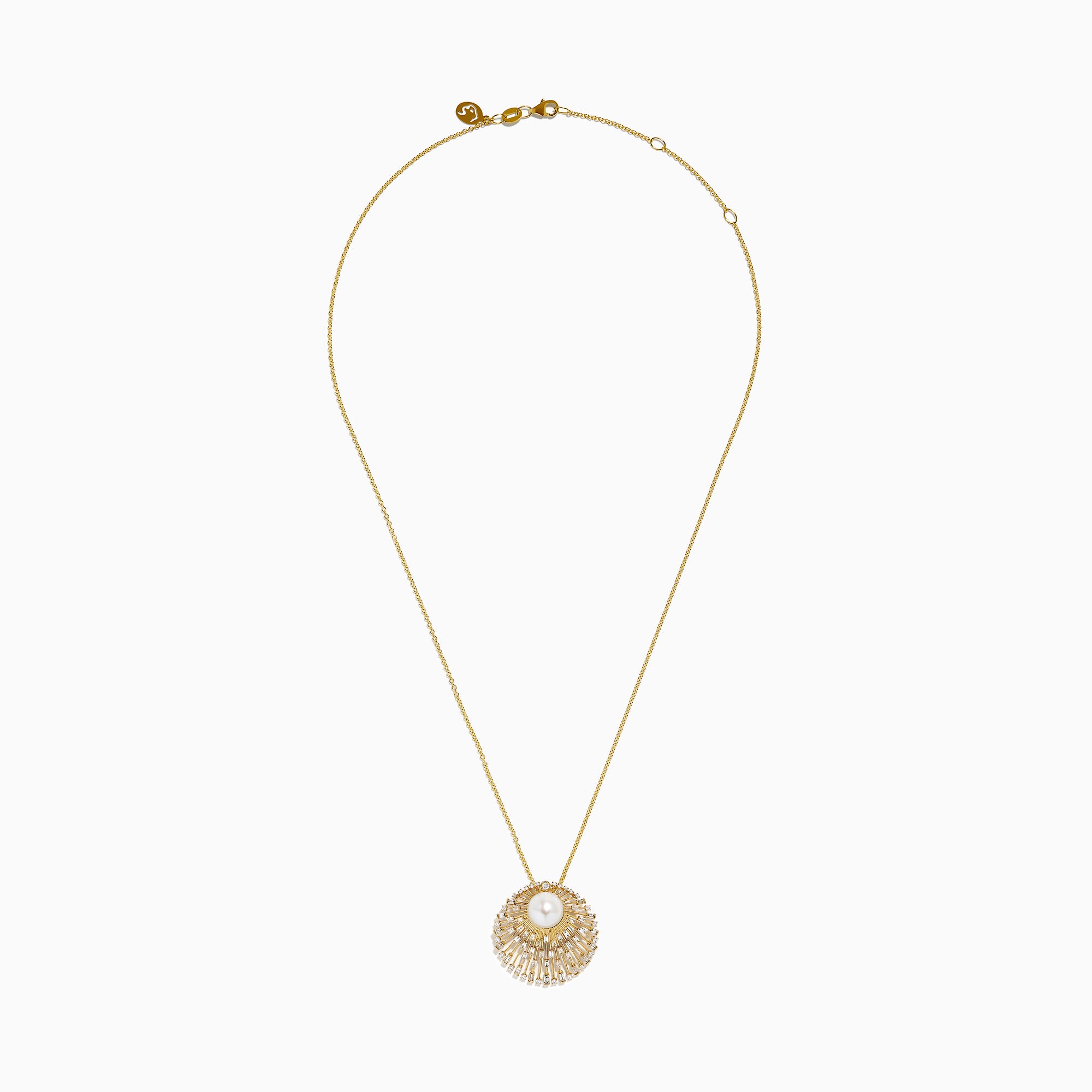 The 14K Yellow Gold Freshwater Pearl and Diamond Sunburst Pendant features a central freshwater pearl accented by diamonds and radiant gold details, all on a fine 14K yellow gold chain.