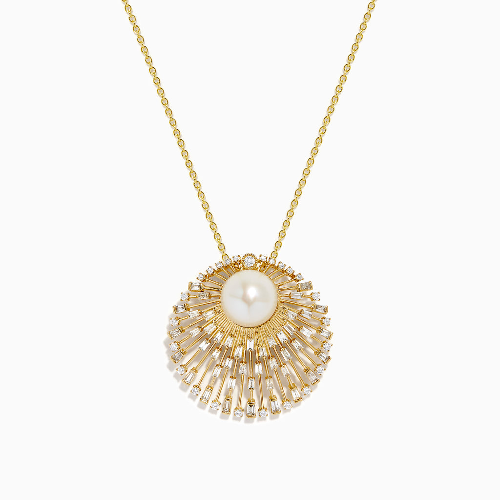 The 14K Yellow Gold Freshwater Pearl and Diamond Sunburst Pendant features a central freshwater pearl accented by diamonds and radiant gold details, all on a fine 14K yellow gold chain.