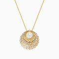 The 14K Yellow Gold Freshwater Pearl and Diamond Sunburst Pendant features a central freshwater pearl accented by diamonds and radiant gold details, all on a fine 14K yellow gold chain.