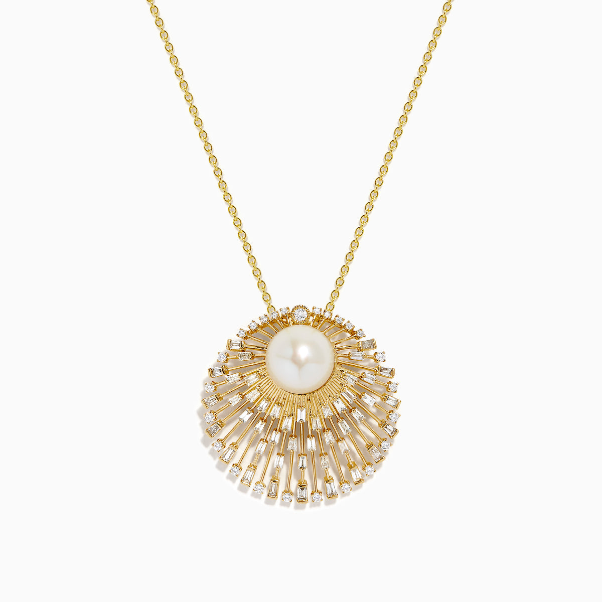 The 14K Yellow Gold Freshwater Pearl and Diamond Sunburst Pendant features a central freshwater pearl accented by diamonds and radiant gold details, all on a fine 14K yellow gold chain.