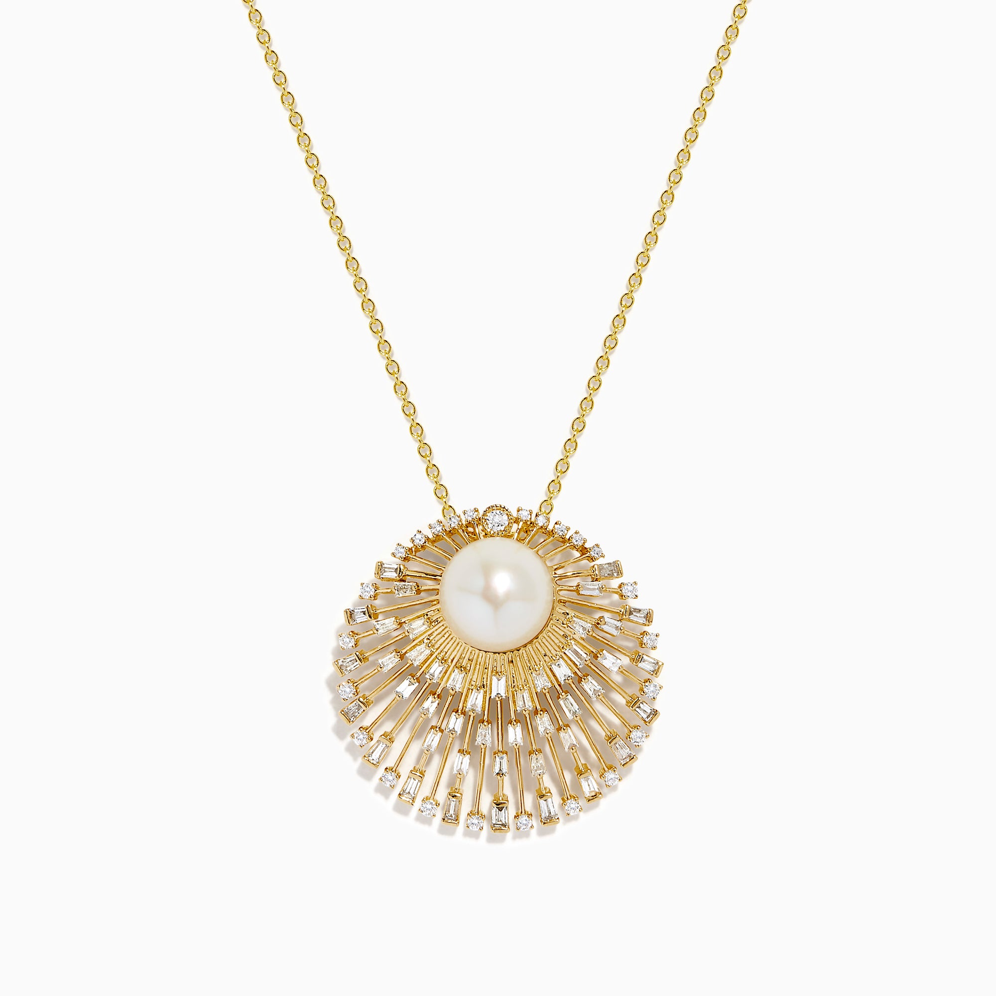 The 14K Yellow Gold Freshwater Pearl and Diamond Sunburst Pendant features a central freshwater pearl accented by diamonds and radiant gold details, all on a fine 14K yellow gold chain.