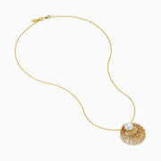 The 14K Yellow Gold Freshwater Pearl and Diamond Sunburst Pendant features a central freshwater pearl accented by diamonds and radiant gold details, all on a fine 14K yellow gold chain.