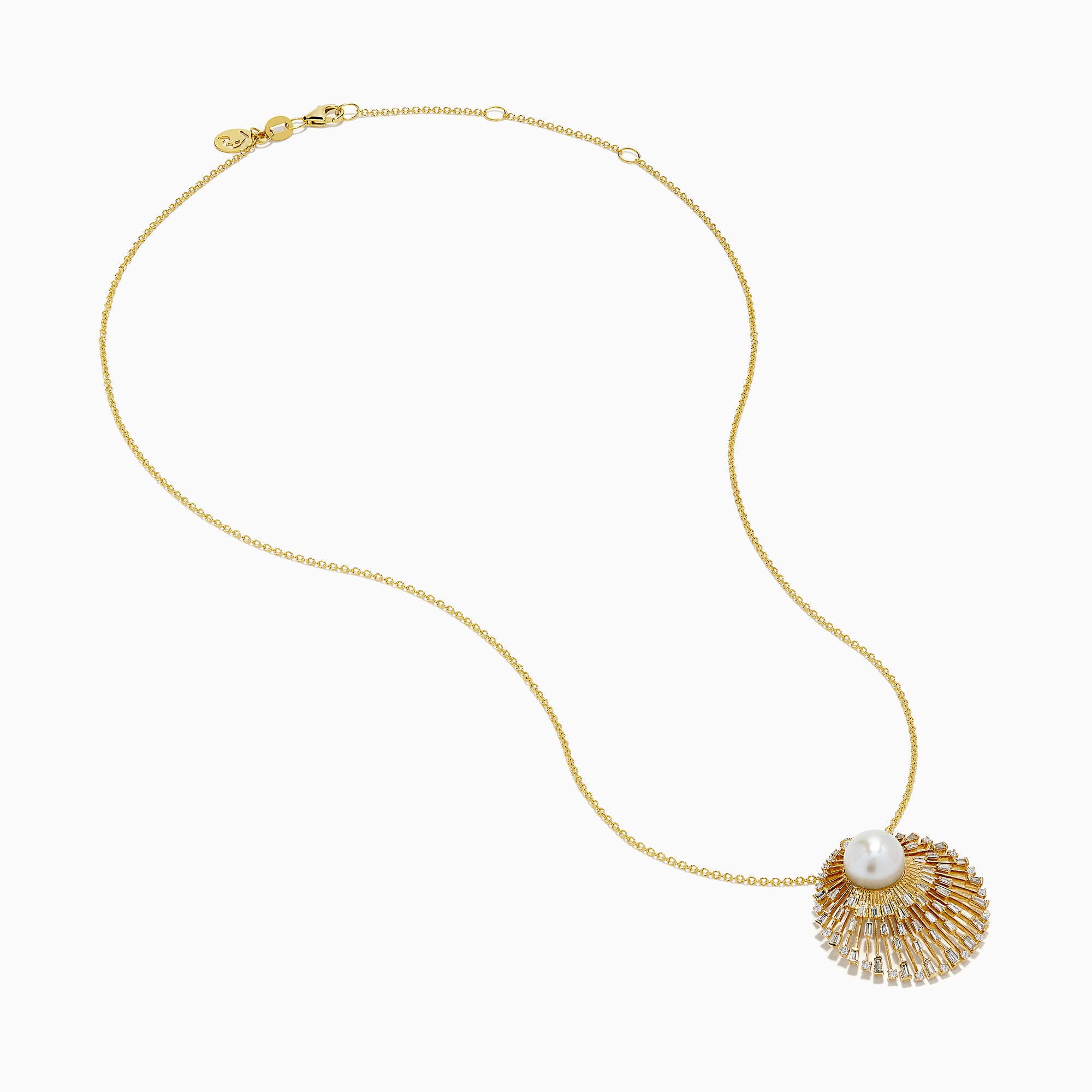 The 14K Yellow Gold Freshwater Pearl and Diamond Sunburst Pendant features a central freshwater pearl accented by diamonds and radiant gold details, all on a fine 14K yellow gold chain.