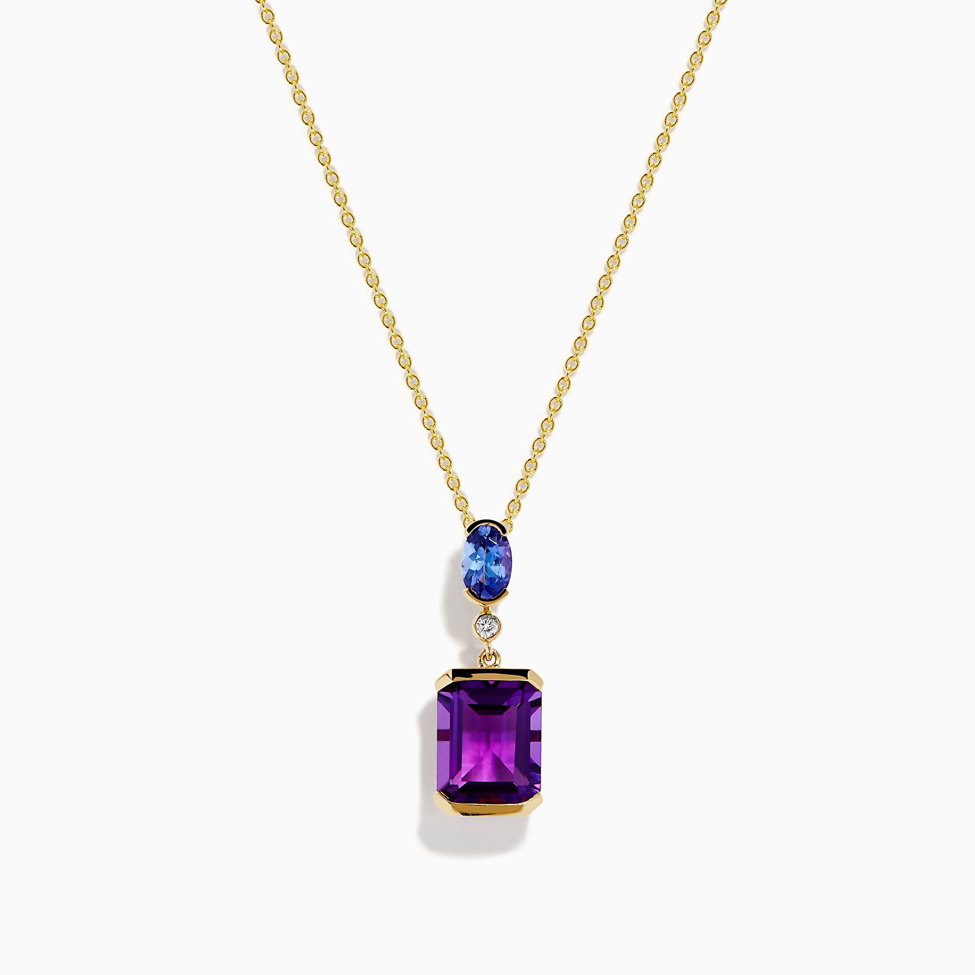 14K Yellow Gold Amethyst, Tanzanite and Diamond Drop Pendant