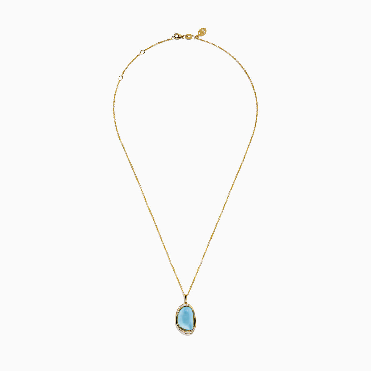A 14K yellow gold pendant necklace featuring a sky blue topaz and mother of pearl doublet, displayed against a plain white background.