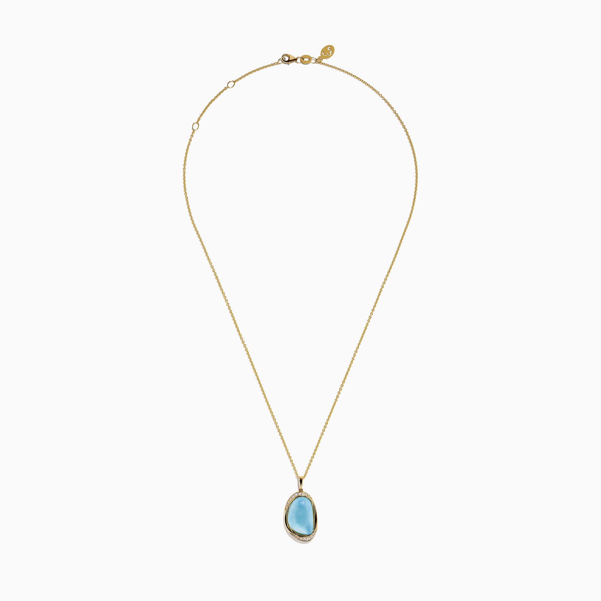 A 14K yellow gold pendant necklace featuring a sky blue topaz and mother of pearl doublet, displayed against a plain white background.