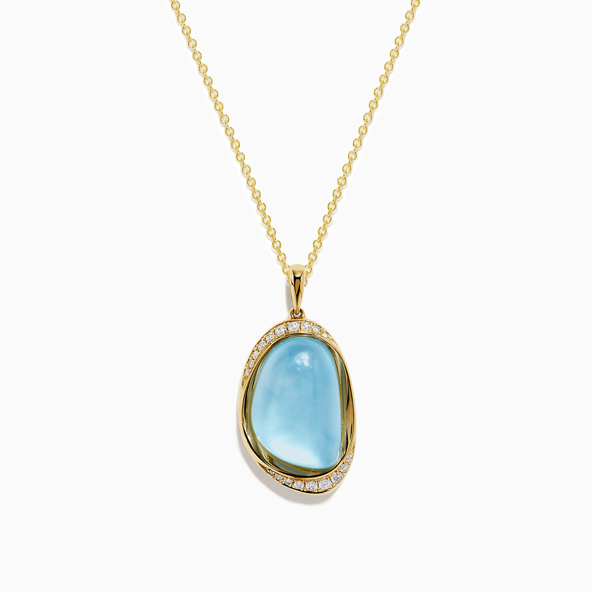 A 14K yellow gold pendant necklace featuring a sky blue topaz and mother of pearl doublet, displayed against a plain white background.
