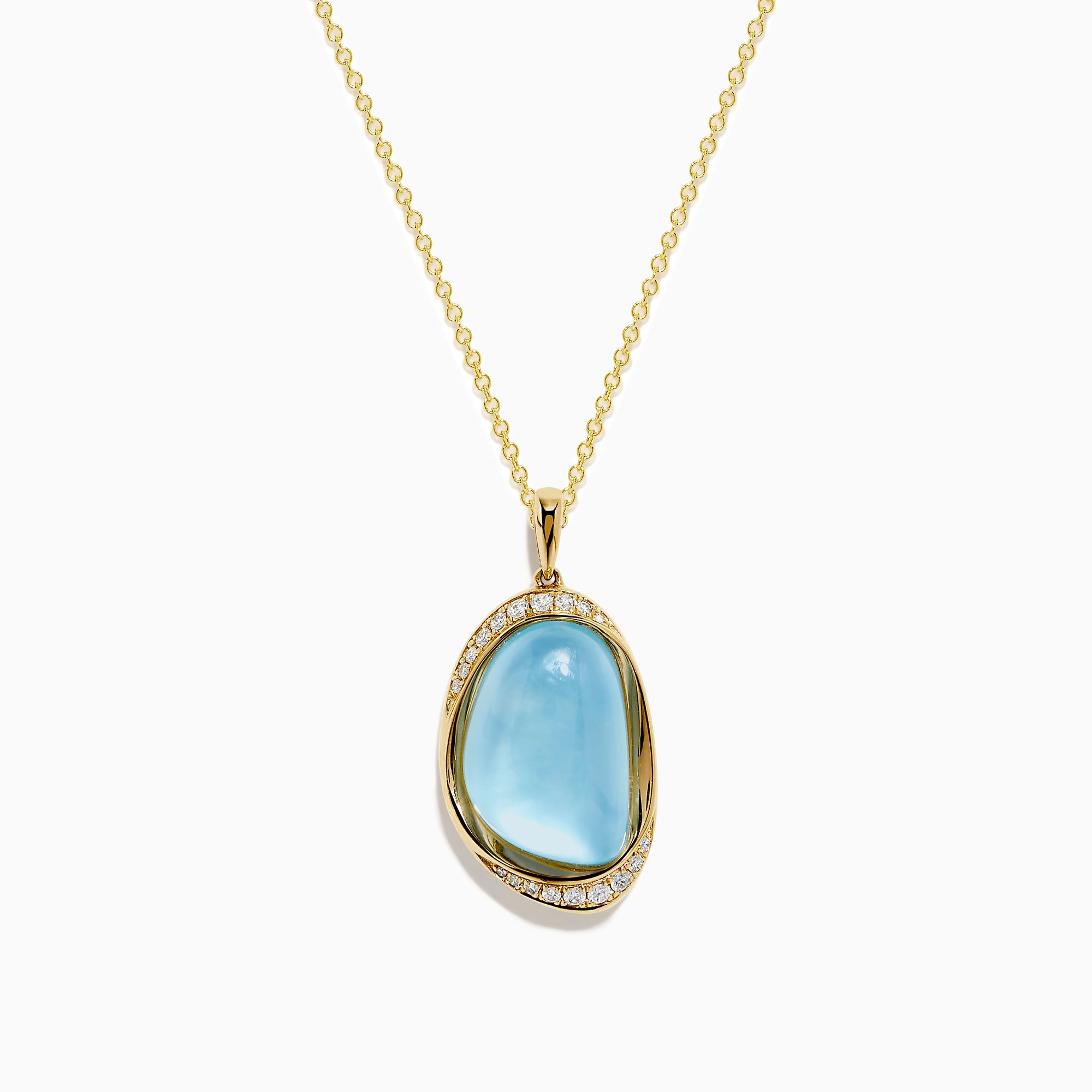 A 14K yellow gold pendant necklace featuring a sky blue topaz and mother of pearl doublet, displayed against a plain white background.