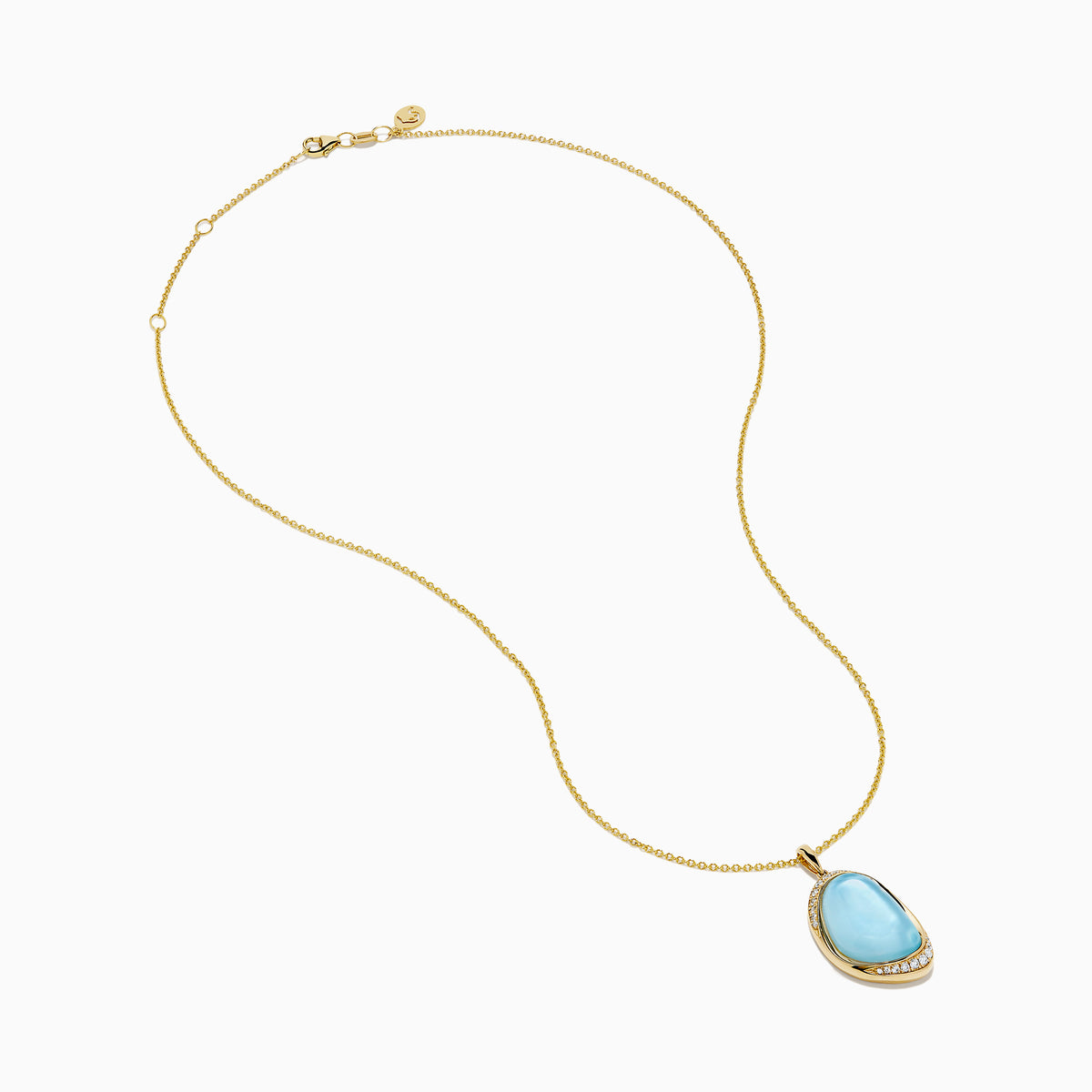 A 14K yellow gold pendant necklace featuring a sky blue topaz and mother of pearl doublet, displayed against a plain white background.