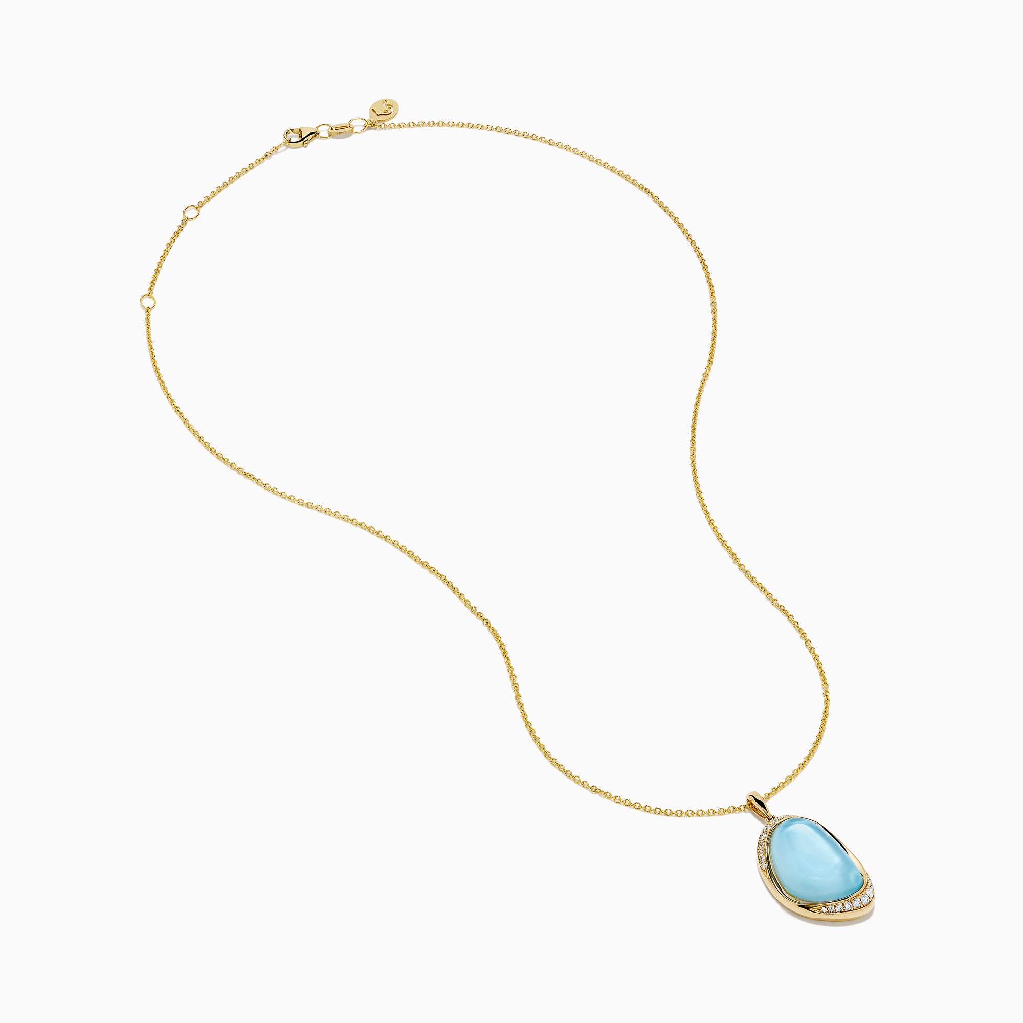A 14K yellow gold pendant necklace featuring a sky blue topaz and mother of pearl doublet, displayed against a plain white background.