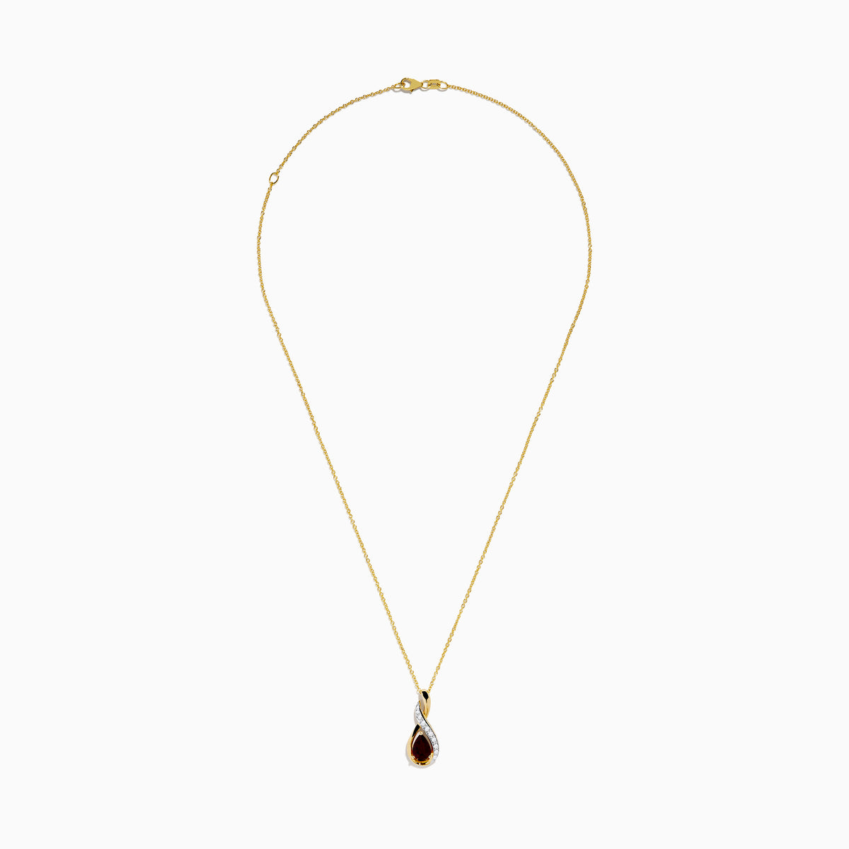 The 14K Yellow Gold Rhodolite and Diamond Pendant features a teardrop-shaped rhodolite, an elegant intertwined design, and is accented by a curved row of small diamonds.