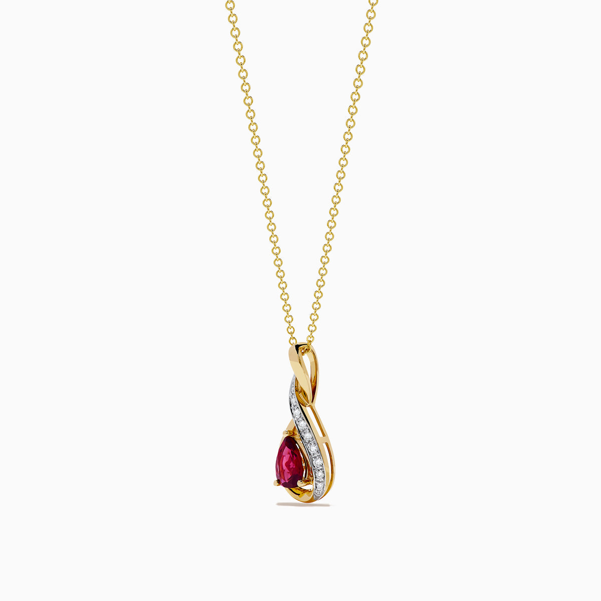 The 14K Yellow Gold Rhodolite and Diamond Pendant features a teardrop-shaped rhodolite, an elegant intertwined design, and is accented by a curved row of small diamonds.