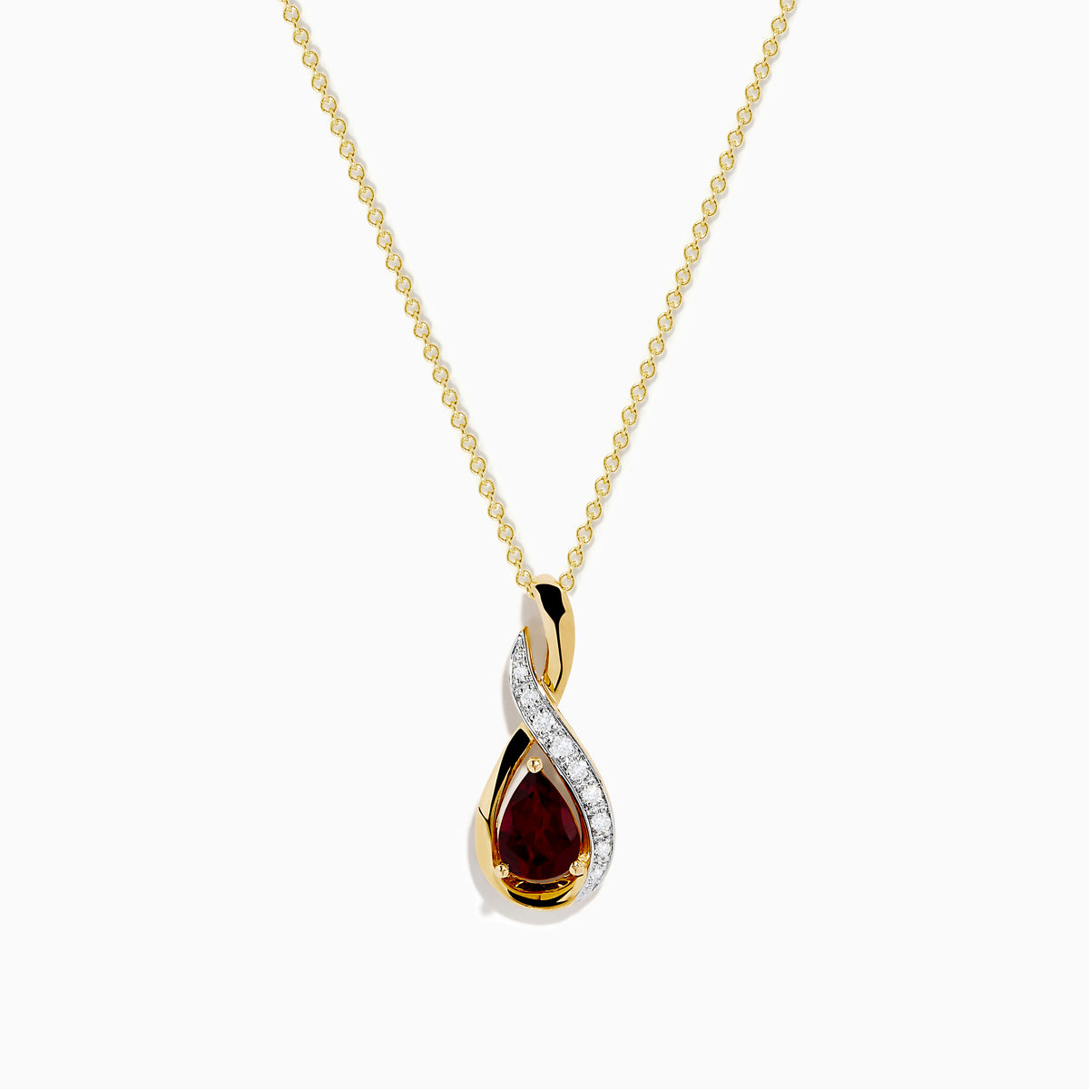 The 14K Yellow Gold Rhodolite and Diamond Pendant features a teardrop-shaped rhodolite, an elegant intertwined design, and is accented by a curved row of small diamonds.