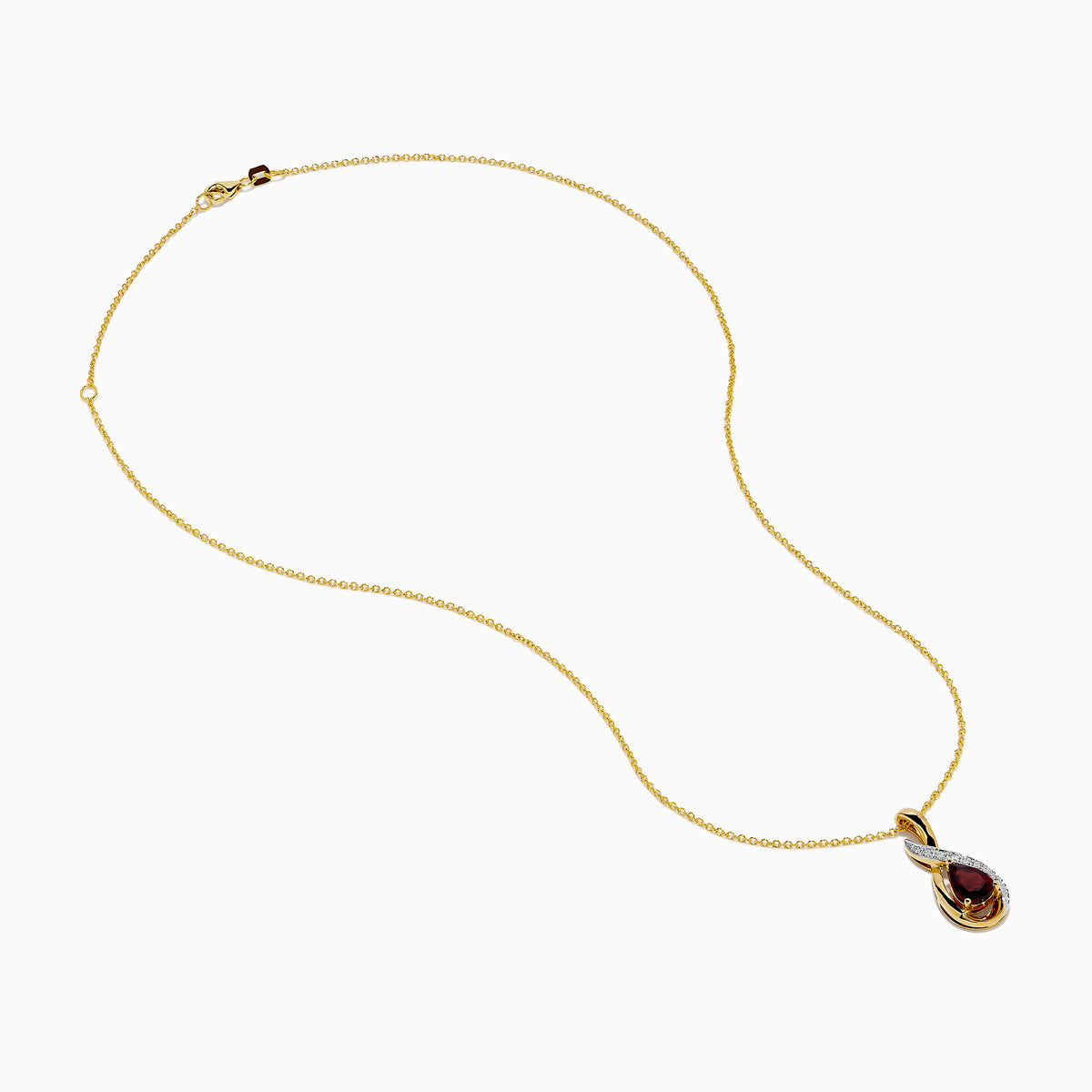 The 14K Yellow Gold Rhodolite and Diamond Pendant features a teardrop-shaped rhodolite, an elegant intertwined design, and is accented by a curved row of small diamonds.