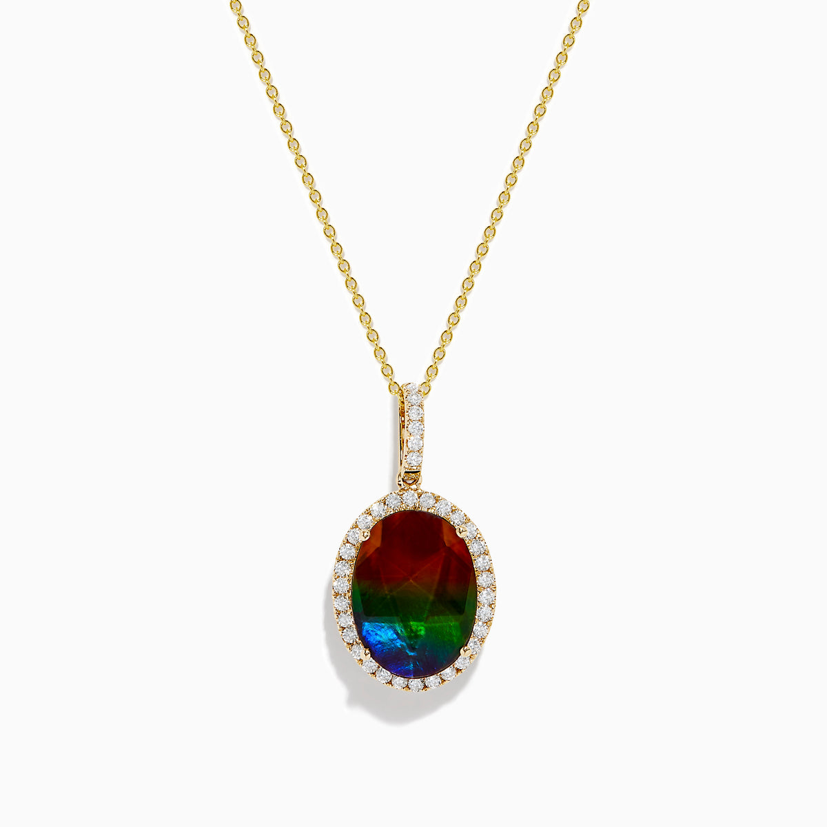 The 14K Yellow Gold Ammolite and Diamond Pendant features an oval red-green ammolite surrounded by clear diamonds on a delicate chain, elegantly displayed against a white background.