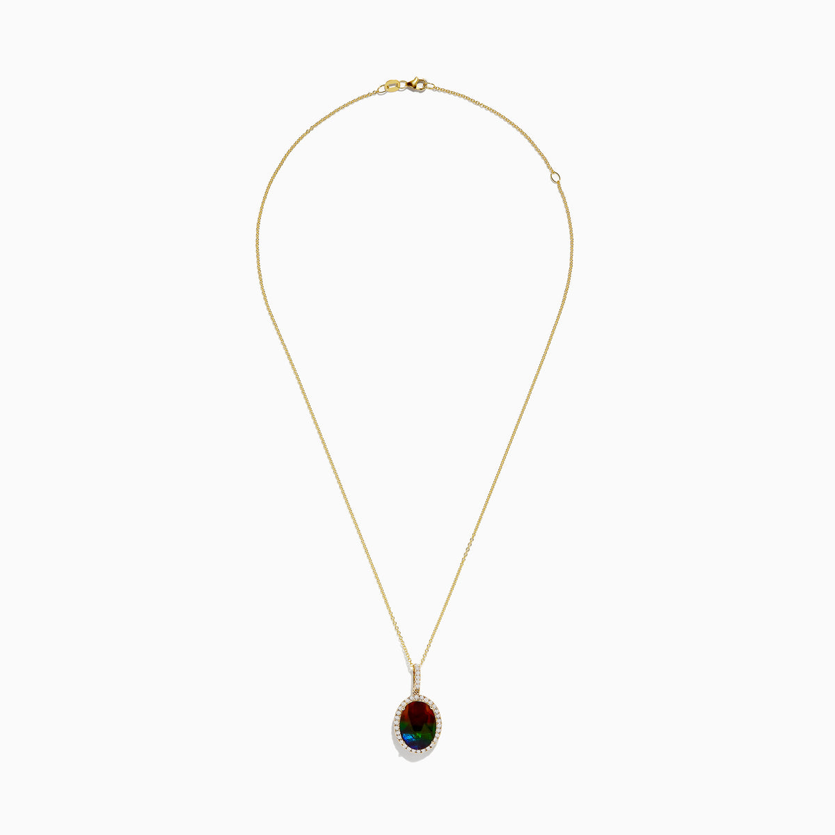 The 14K Yellow Gold Ammolite and Diamond Pendant features an oval red-green ammolite surrounded by clear diamonds on a delicate chain, elegantly displayed against a white background.