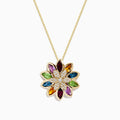 The Mosaic 14K Yellow Gold Semi Precious and Diamond Pendant features marquise-cut gemstones as petals with sparkling diamonds in the center, creating a vibrant, symmetrical flower-shaped design.
