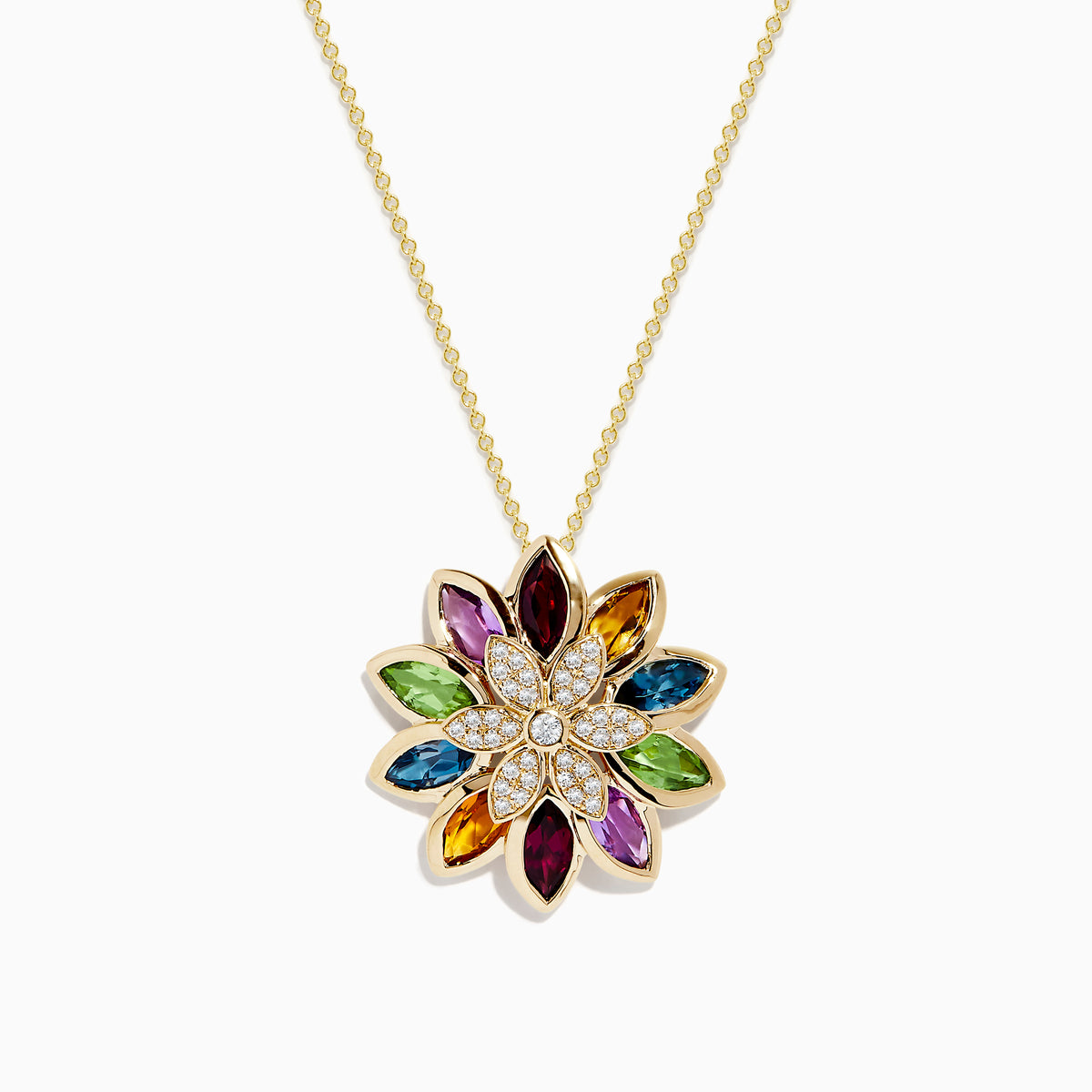 The Mosaic 14K Yellow Gold Semi Precious and Diamond Pendant features marquise-cut gemstones as petals with sparkling diamonds in the center, creating a vibrant, symmetrical flower-shaped design.