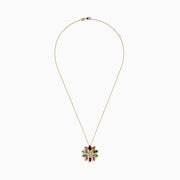 The Mosaic 14K Yellow Gold Semi Precious and Diamond Pendant features marquise-cut gemstones as petals with sparkling diamonds in the center, creating a vibrant, symmetrical flower-shaped design.