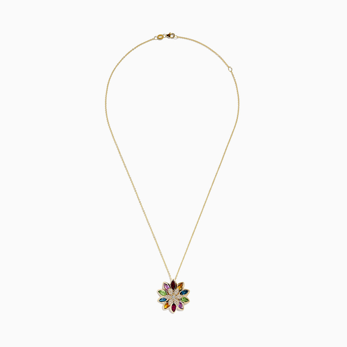 The Mosaic 14K Yellow Gold Semi Precious and Diamond Pendant features marquise-cut gemstones as petals with sparkling diamonds in the center, creating a vibrant, symmetrical flower-shaped design.