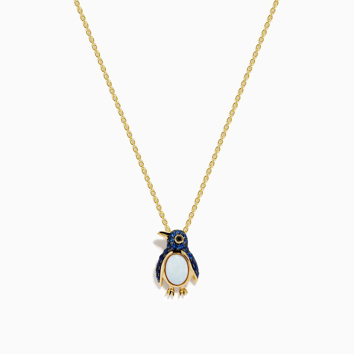 14K Yellow Gold Opal, Blue Sapphire and Black Diamond Penguin Pendant