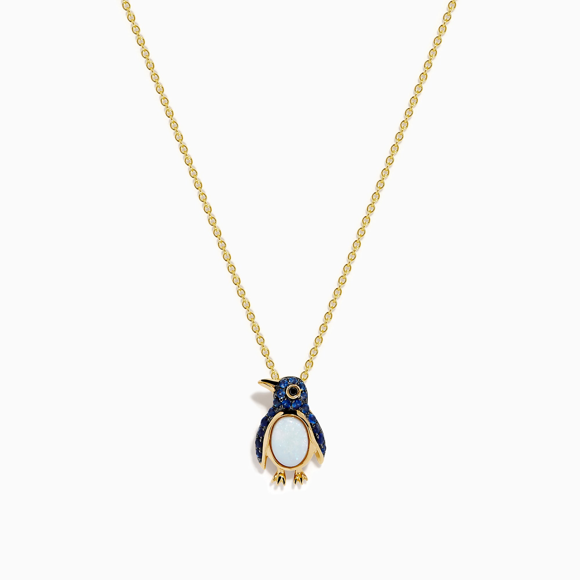 14K Yellow Gold Opal, Blue Sapphire and Black Diamond Penguin Pendant
