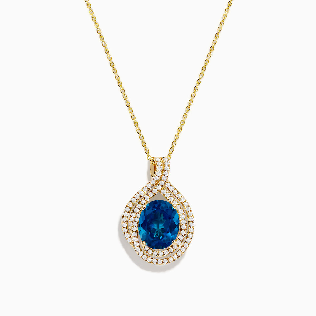 The Ocean Blue 14K Gold London Blue Topaz and Diamond Pendant features an oval-shaped topaz with a diamond teardrop design, accented by two rows of sparkling white diamonds.
