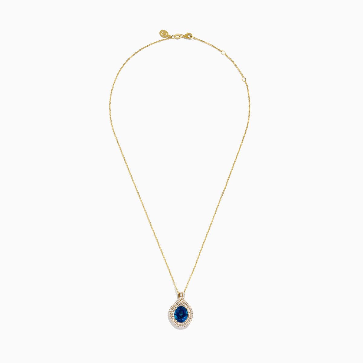 The Ocean Blue 14K Gold London Blue Topaz and Diamond Pendant features an oval-shaped topaz with a diamond teardrop design, accented by two rows of sparkling white diamonds.