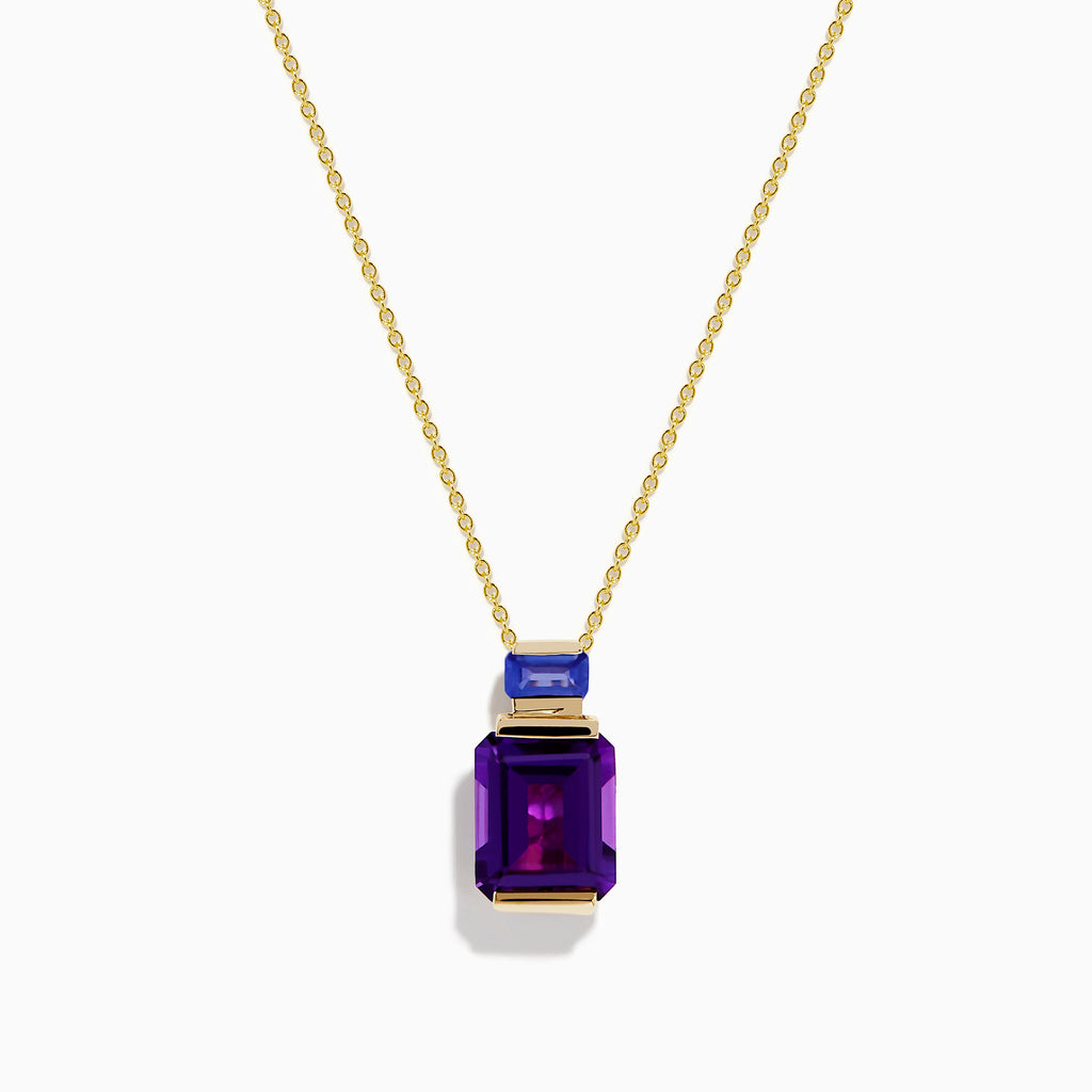 A 14K yellow gold necklace with a delicate chain, featuring an amethyst pendant with a rectangular purple gemstone and a smaller tanzanite stone set above it.