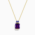 A 14K yellow gold necklace with a delicate chain, featuring an amethyst pendant with a rectangular purple gemstone and a smaller tanzanite stone set above it.