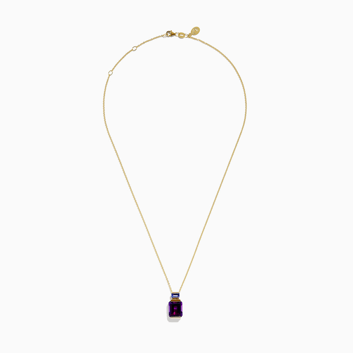 A 14K yellow gold necklace with a delicate chain, featuring an amethyst pendant with a rectangular purple gemstone and a smaller tanzanite stone set above it.
