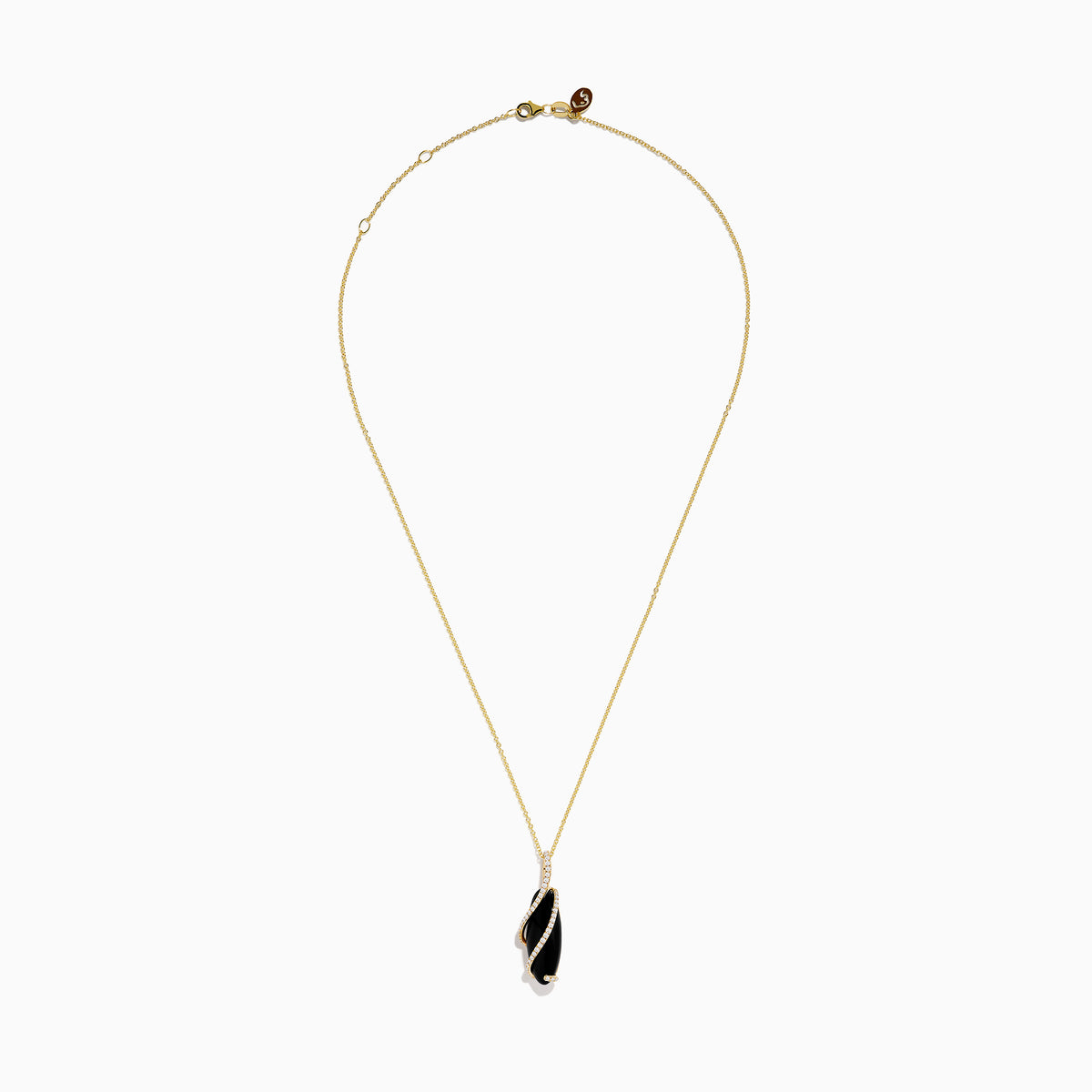 The Eclipse 14K Yellow Gold Onyx and Diamond Pendant features a teardrop-shaped black onyx wrapped in spiraling gold, accented with sparkling diamonds, and suspended from a 14K yellow gold chain.