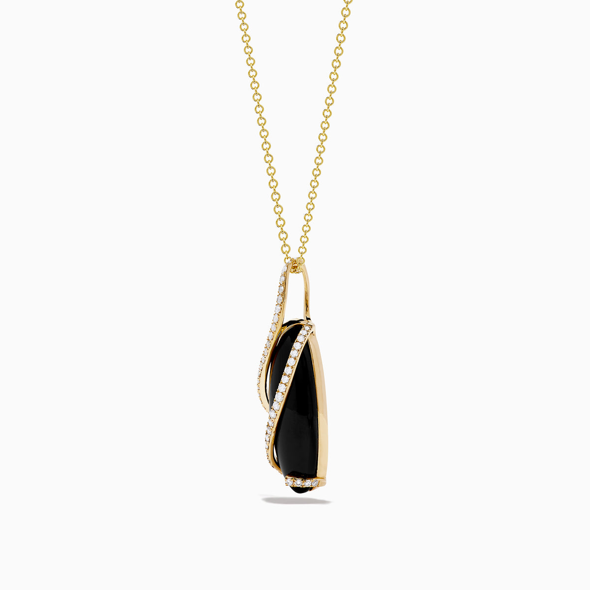 The Eclipse 14K Yellow Gold Onyx and Diamond Pendant features a teardrop-shaped black onyx wrapped in spiraling gold, accented with sparkling diamonds, and suspended from a 14K yellow gold chain.