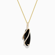 The Eclipse 14K Yellow Gold Onyx and Diamond Pendant features a teardrop-shaped black onyx wrapped in spiraling gold, accented with sparkling diamonds, and suspended from a 14K yellow gold chain.