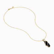 The Eclipse 14K Yellow Gold Onyx and Diamond Pendant features a teardrop-shaped black onyx wrapped in spiraling gold, accented with sparkling diamonds, and suspended from a 14K yellow gold chain.