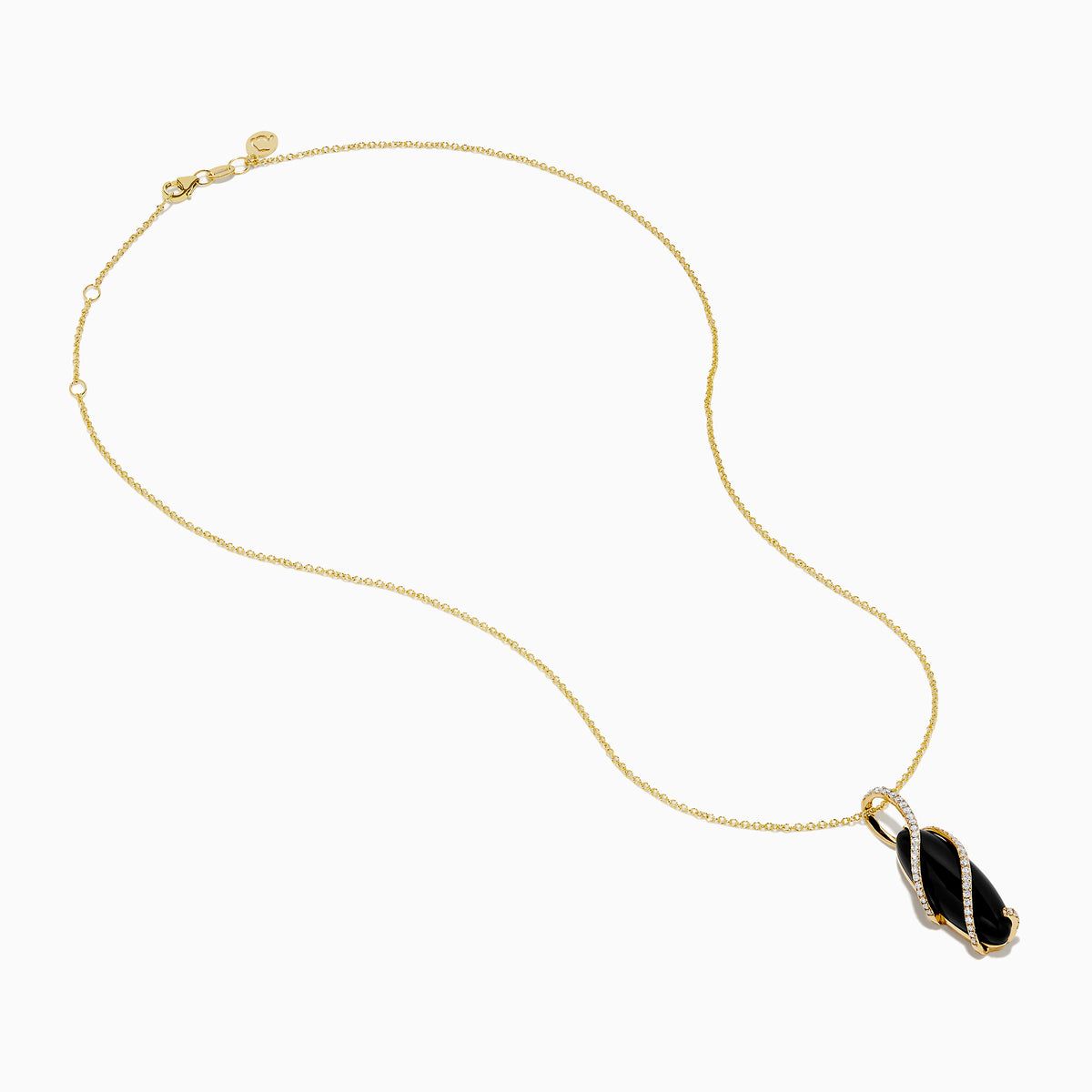 The Eclipse 14K Yellow Gold Onyx and Diamond Pendant features a teardrop-shaped black onyx wrapped in spiraling gold, accented with sparkling diamonds, and suspended from a 14K yellow gold chain.