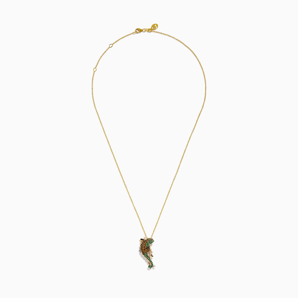 Safari 14K Yellow Gold Diamond, Citrine and Tsavorite Lizard Pendant featuring a detailed lizard adorned with green tsavorite and orange citrine gemstones plus sparkling diamond accents, hanging from a delicate gold chain.