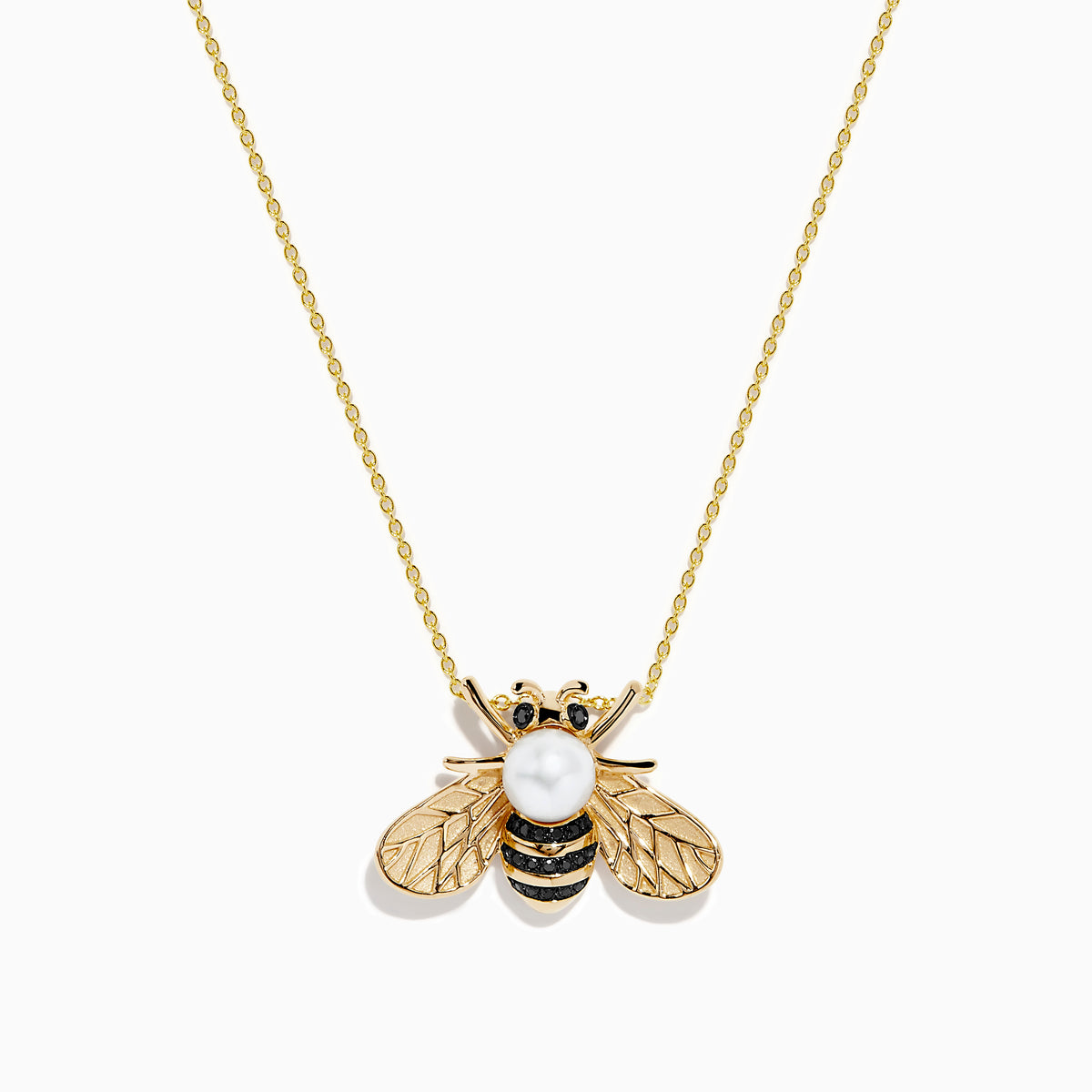 A 14K yellow gold necklace features a bee-shaped pendant adorned with black diamond and freshwater pearl, displayed on a plain white background.