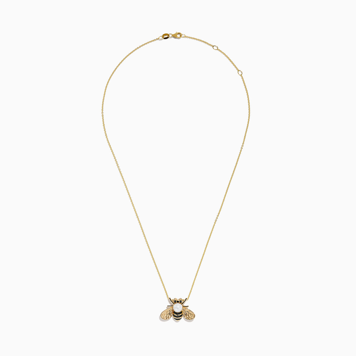 A 14K yellow gold necklace features a bee-shaped pendant adorned with black diamond and freshwater pearl, displayed on a plain white background.
