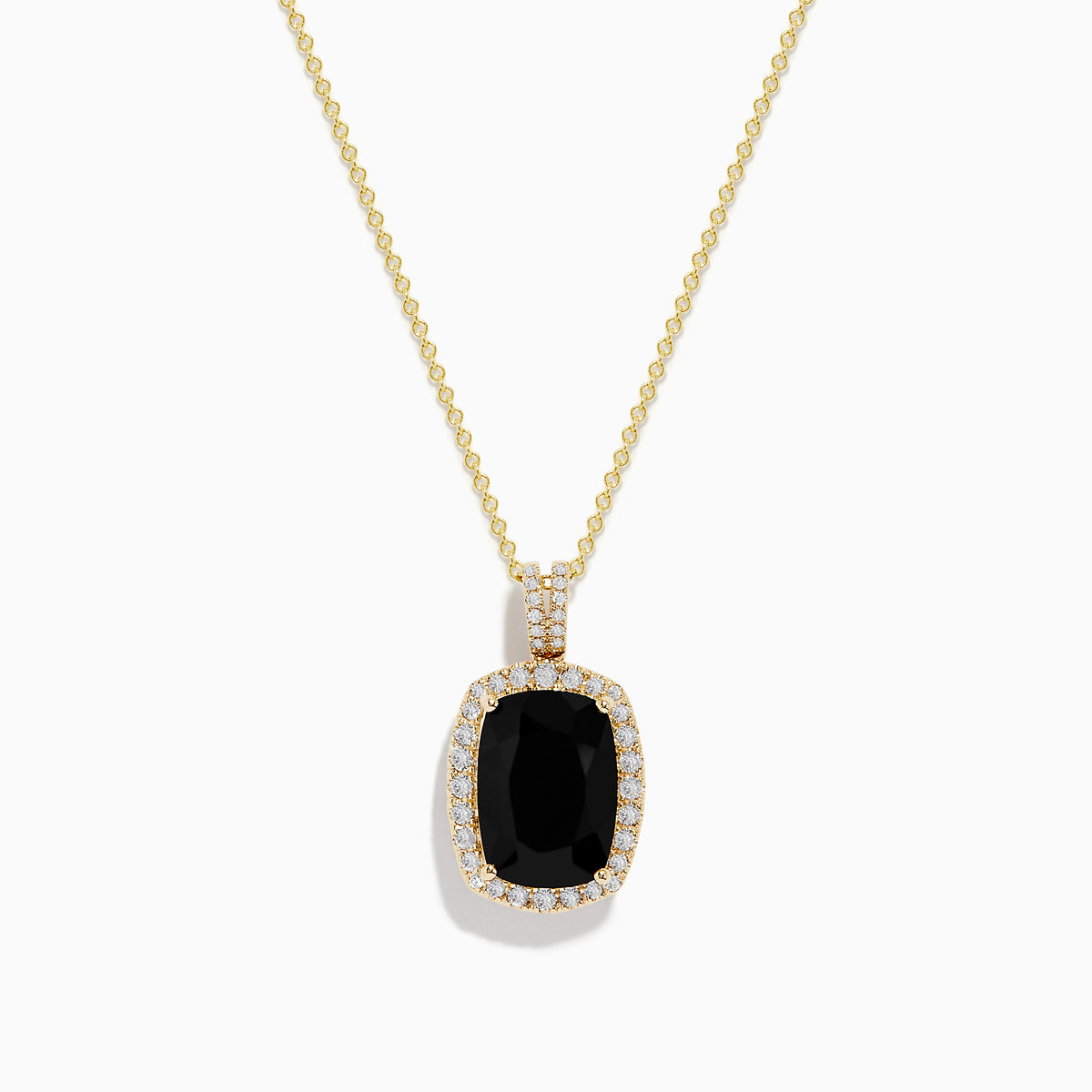 The Eclipse 14K Yellow Gold Onyx and Diamond Pendant features a rectangular onyx with a diamond border and diamond-encrusted bail, set in yellow gold, displayed on a plain white background.