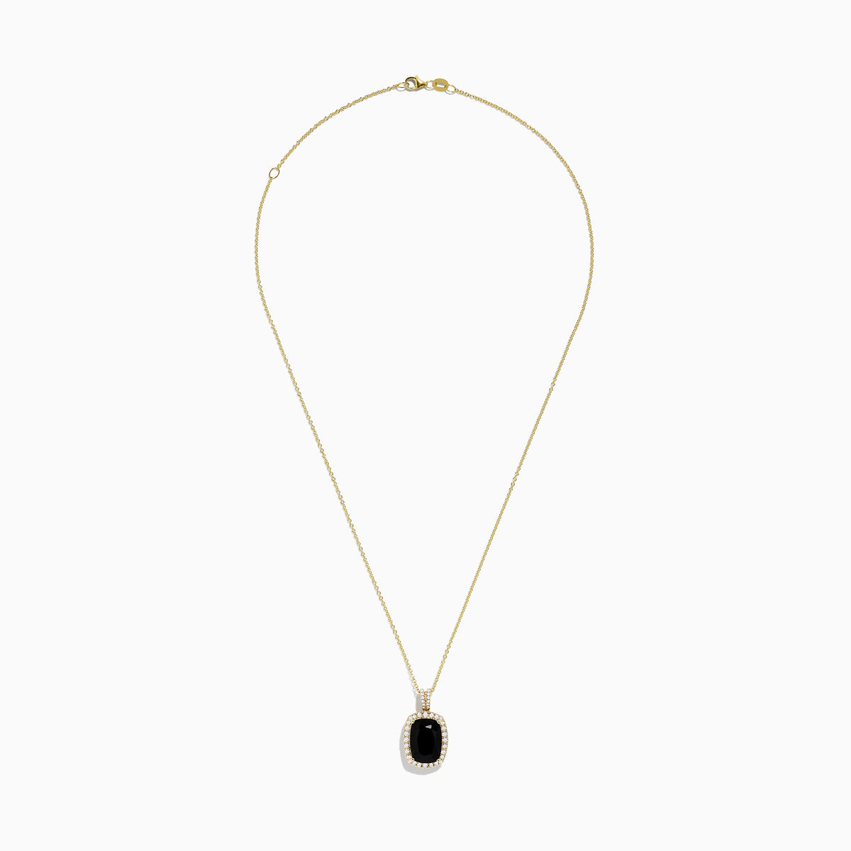 The Eclipse 14K Yellow Gold Onyx and Diamond Pendant features a rectangular onyx with a diamond border and diamond-encrusted bail, set in yellow gold, displayed on a plain white background.