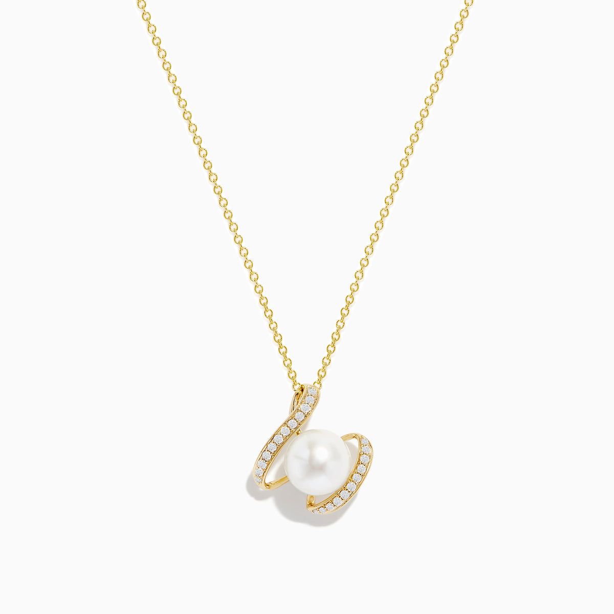 The Pearl 14K Yellow Gold Pearl and Diamond Ribbon Necklace features a white pearl encircled by two gold loops set with sparkling diamonds, shown against a plain white background.